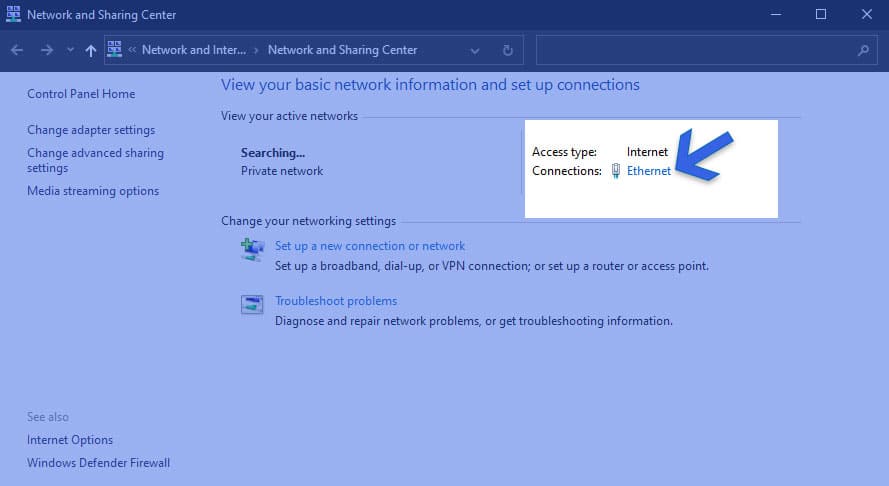 Ethernet Button on Windows 10