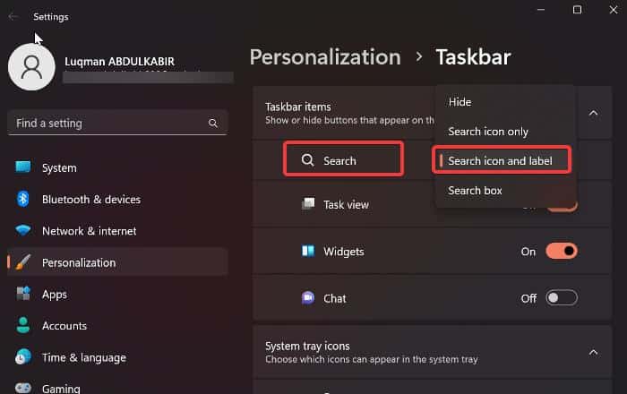 Unhide Windows Search Bar