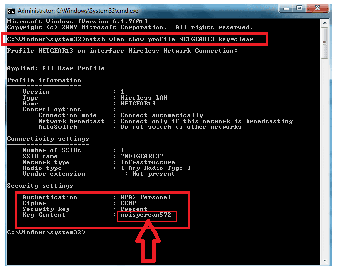 netsh wlan show profile WiFi-name key=clear